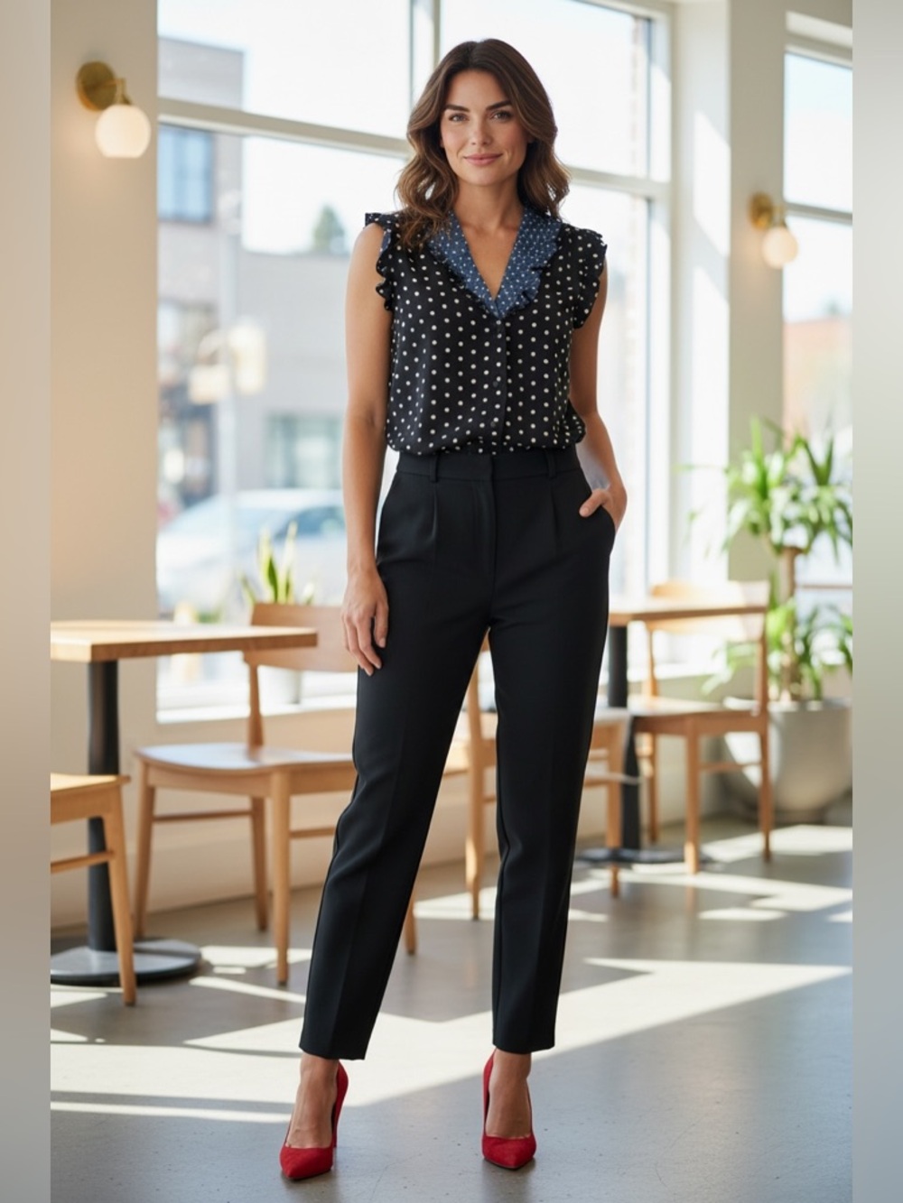 Women’s Black & White Polka Dotted Sleeveless Blouse - Classic Workwear